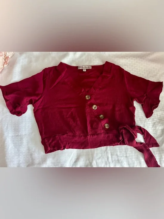 Gypsies & Moondust Wine Red Wrap Button Blouse - Picture 5 of 10